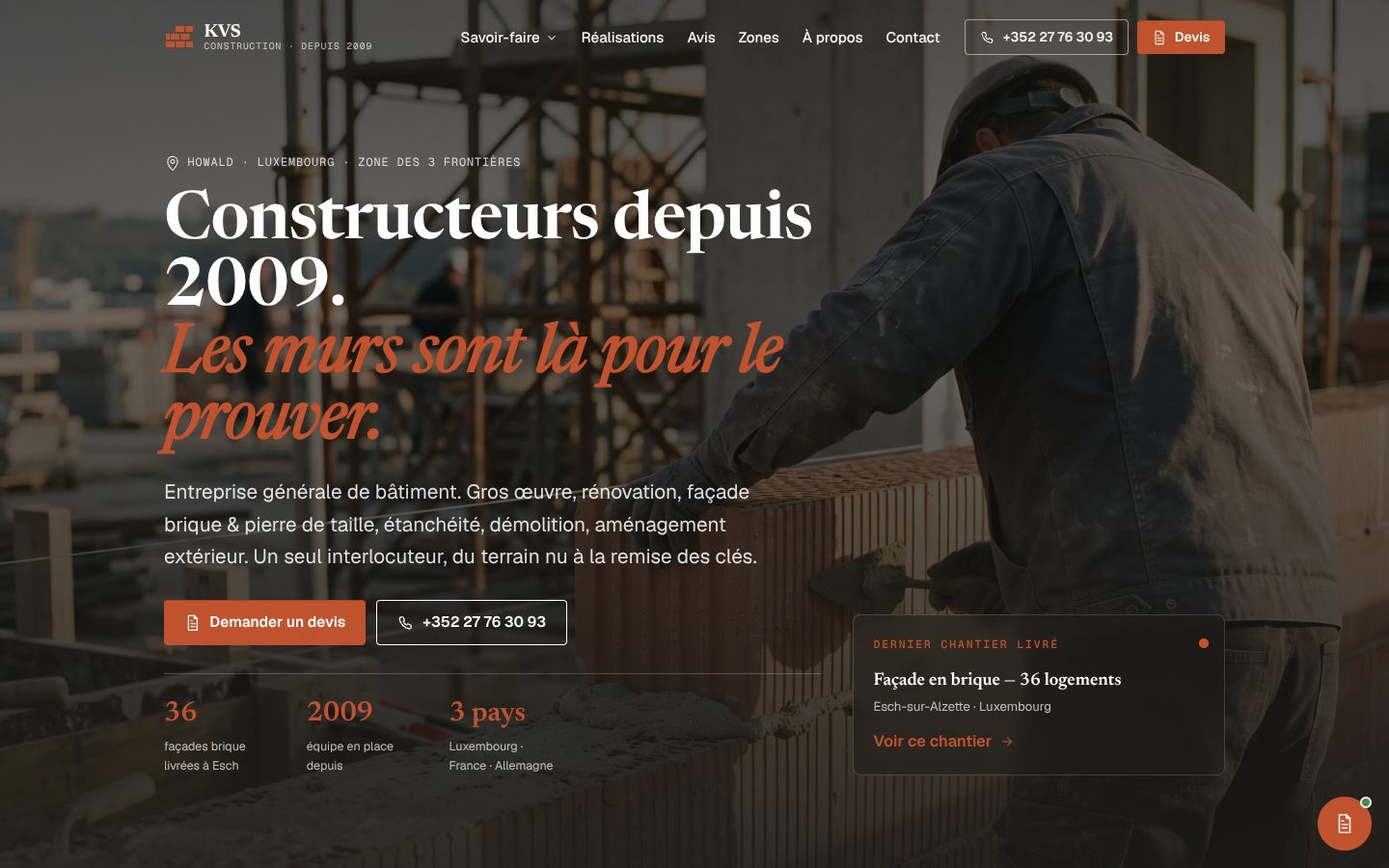 Aperçu du design KVS Construction — Chantier